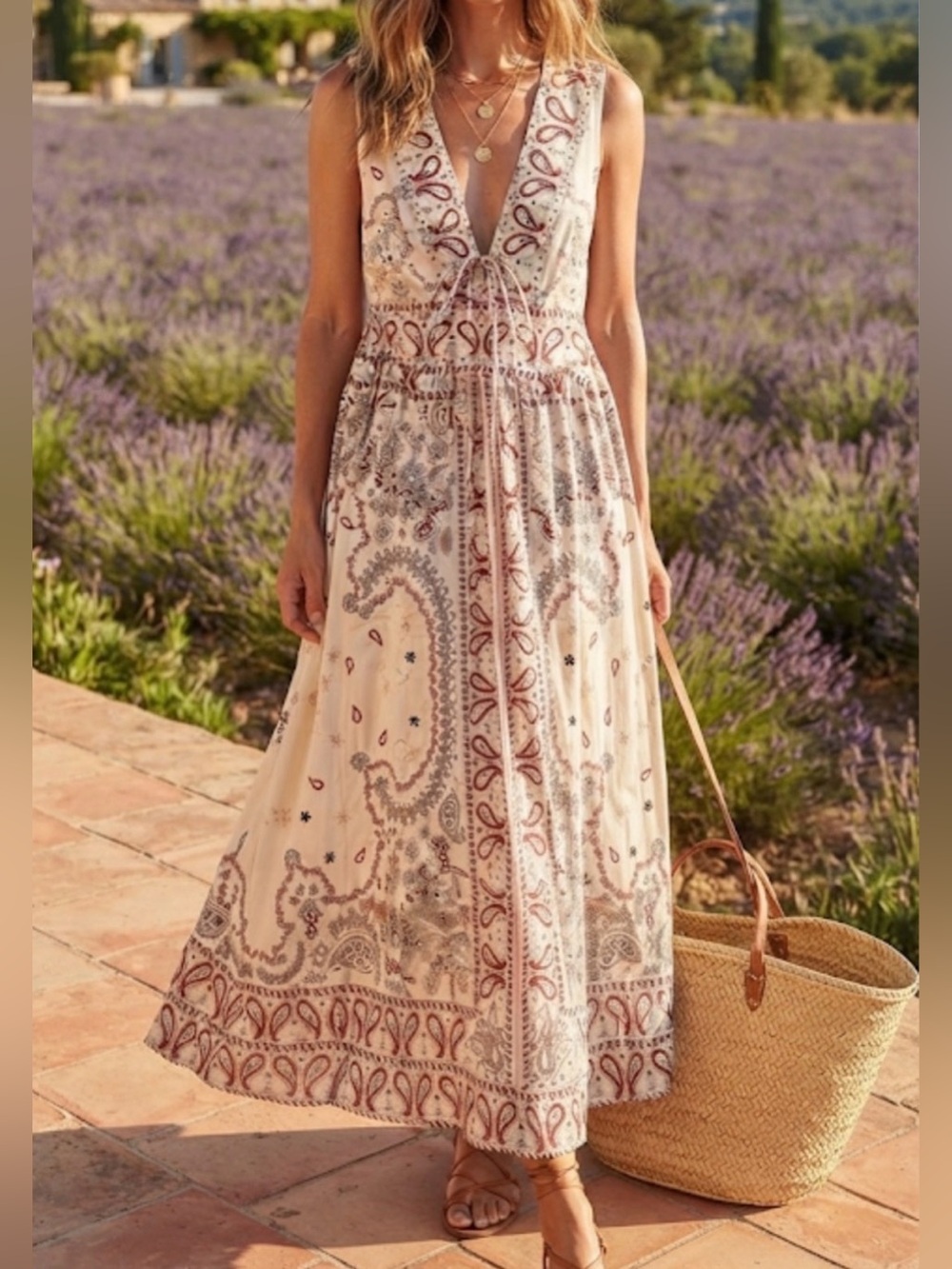 Christian Lacroix Boho Paisley Linen Cotton Deep V-Neck Sundress Euro Summer S